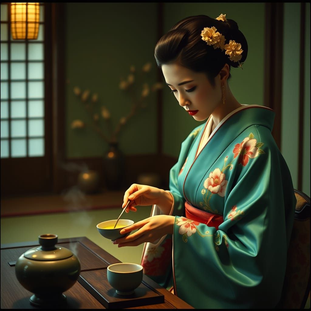 Serene Geisha in Turquoise Kimono Prepares Matcha Tea