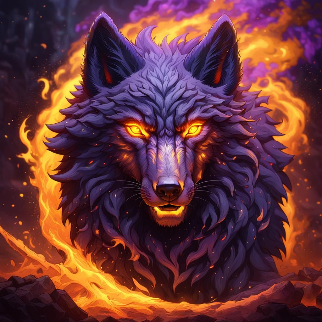 Fiery Black Wolf in Dark Fantasy Style