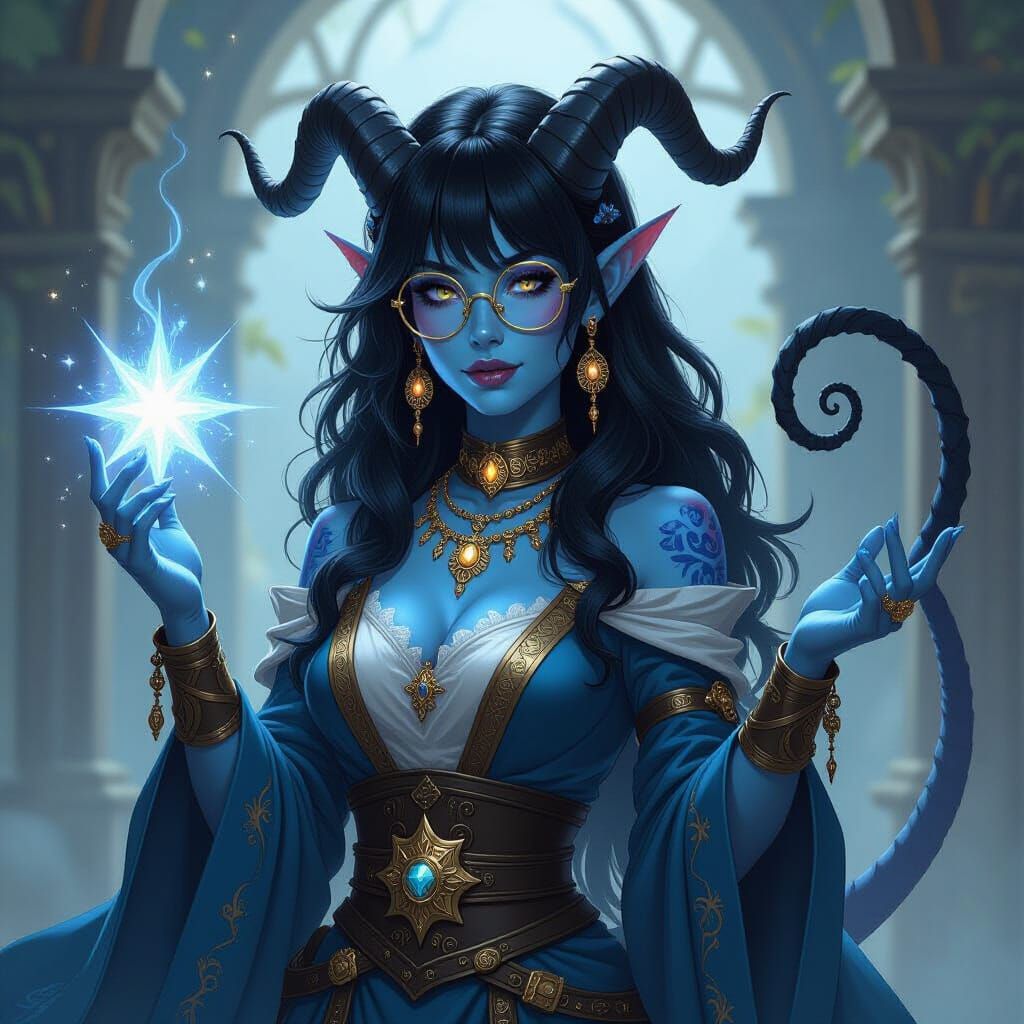 Blue Tiefling Cleric Casting Bless Spell with Gold Glasses