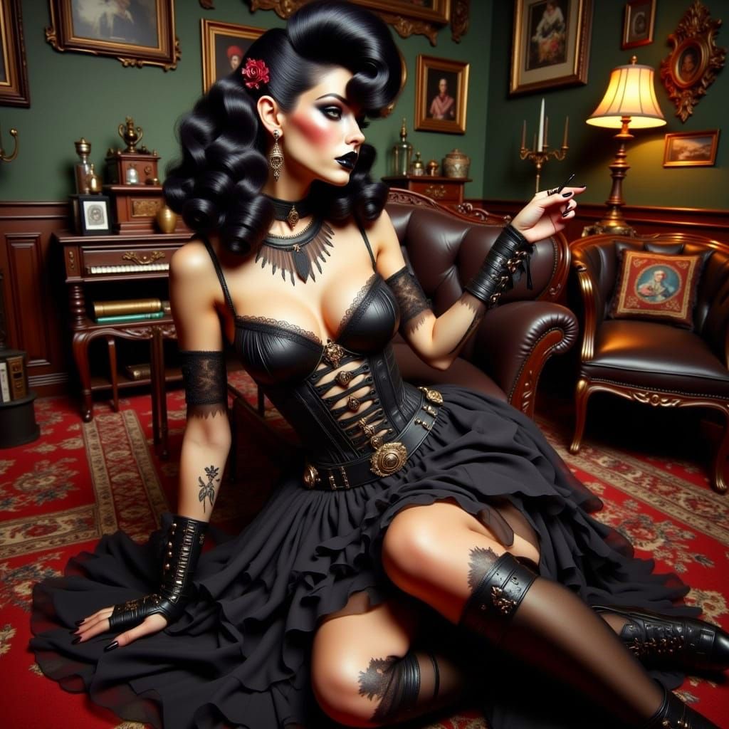 Gothic Pin-Up Girl in Cosmic Dreamscape