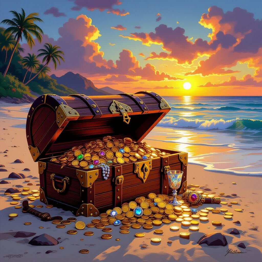 Pirate Treasure Chest on Tropical Beach