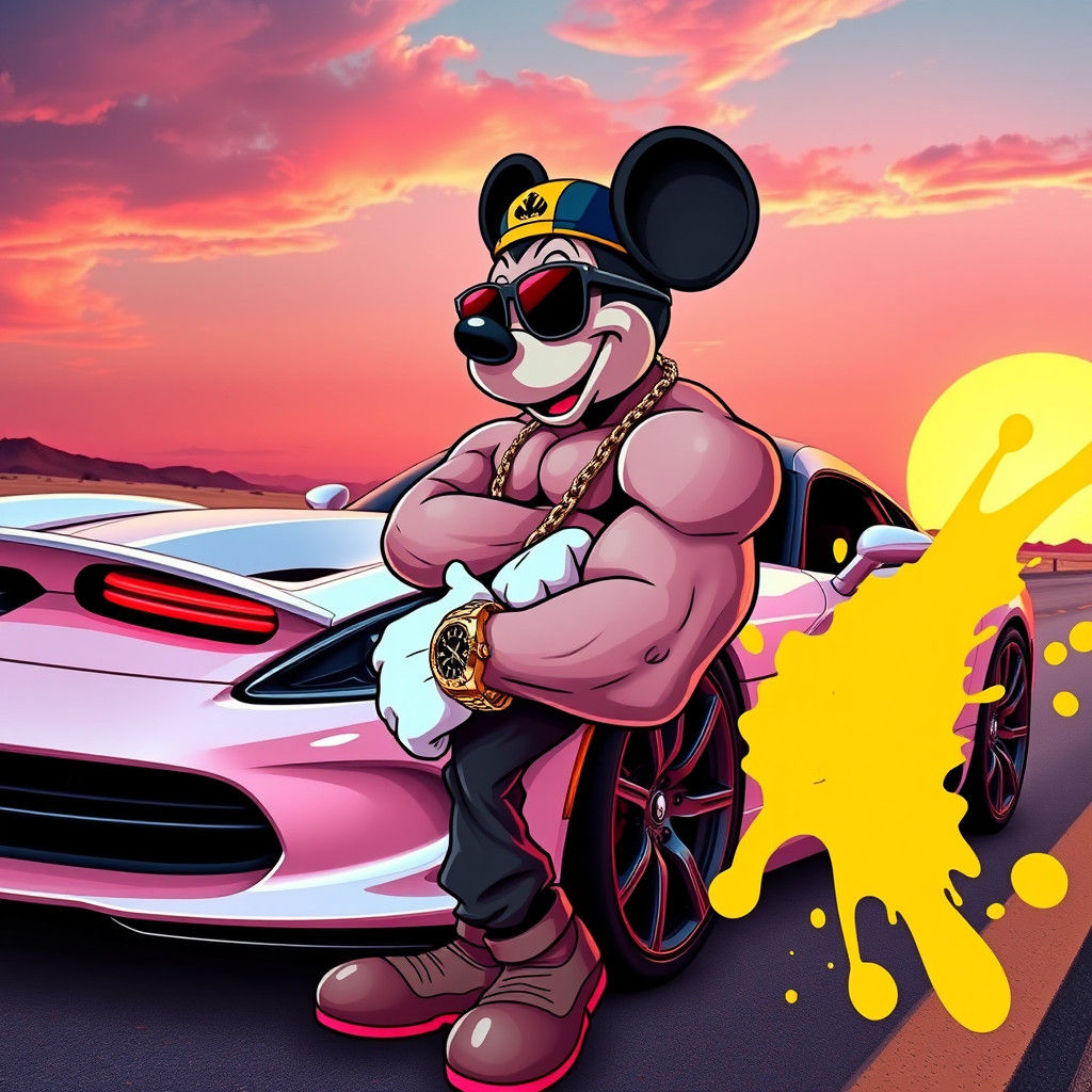 Mickey Mouse Bodybuilder in Synthwave Sunset