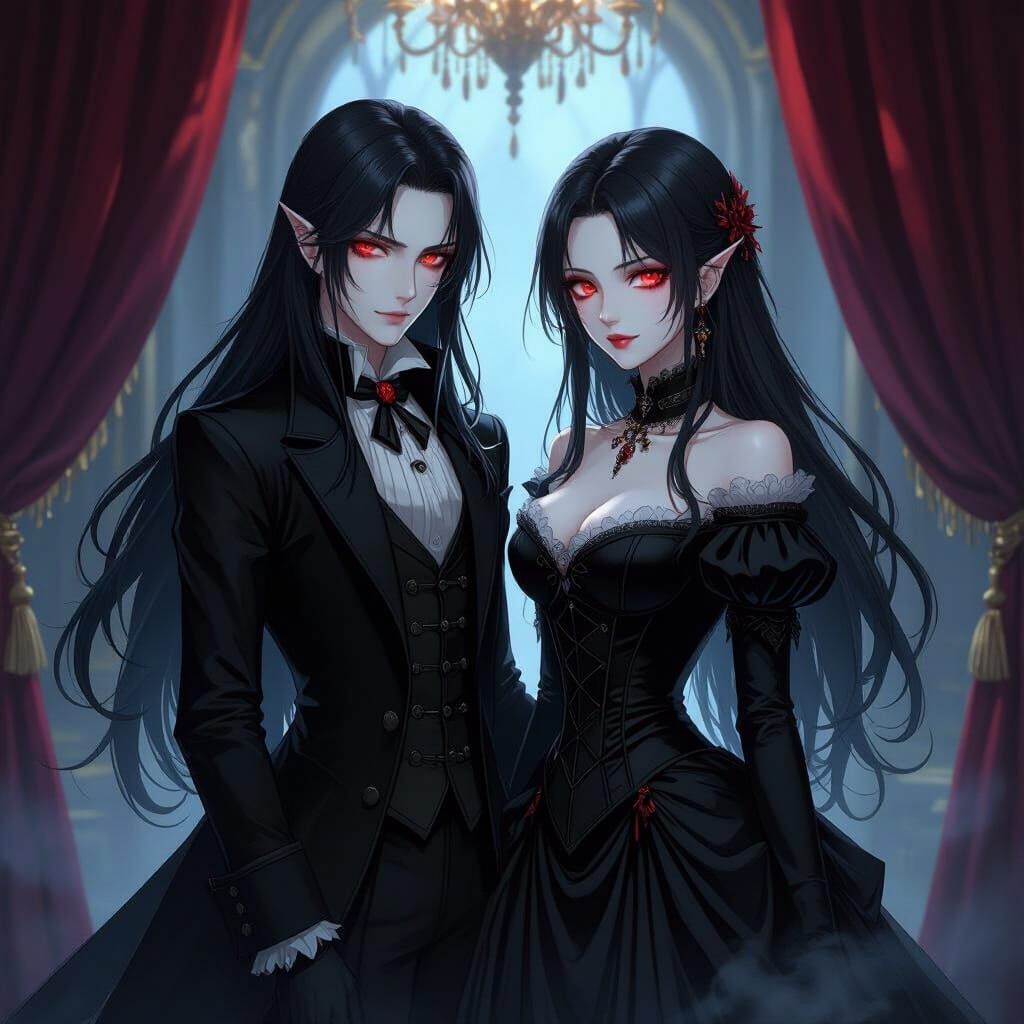 Elegant Anime Vampires in Gothic Ballroom