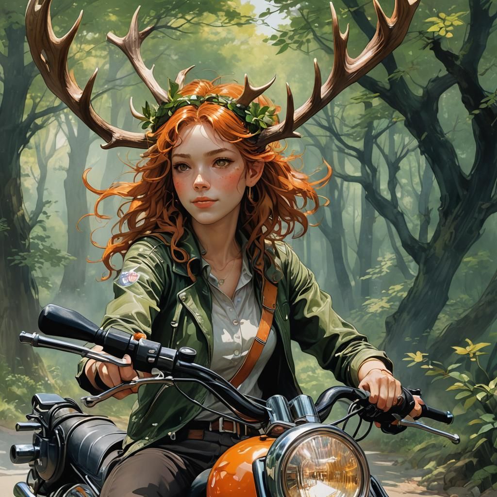 Girl with Antlers on Motorbike: Watercolor Concept Art