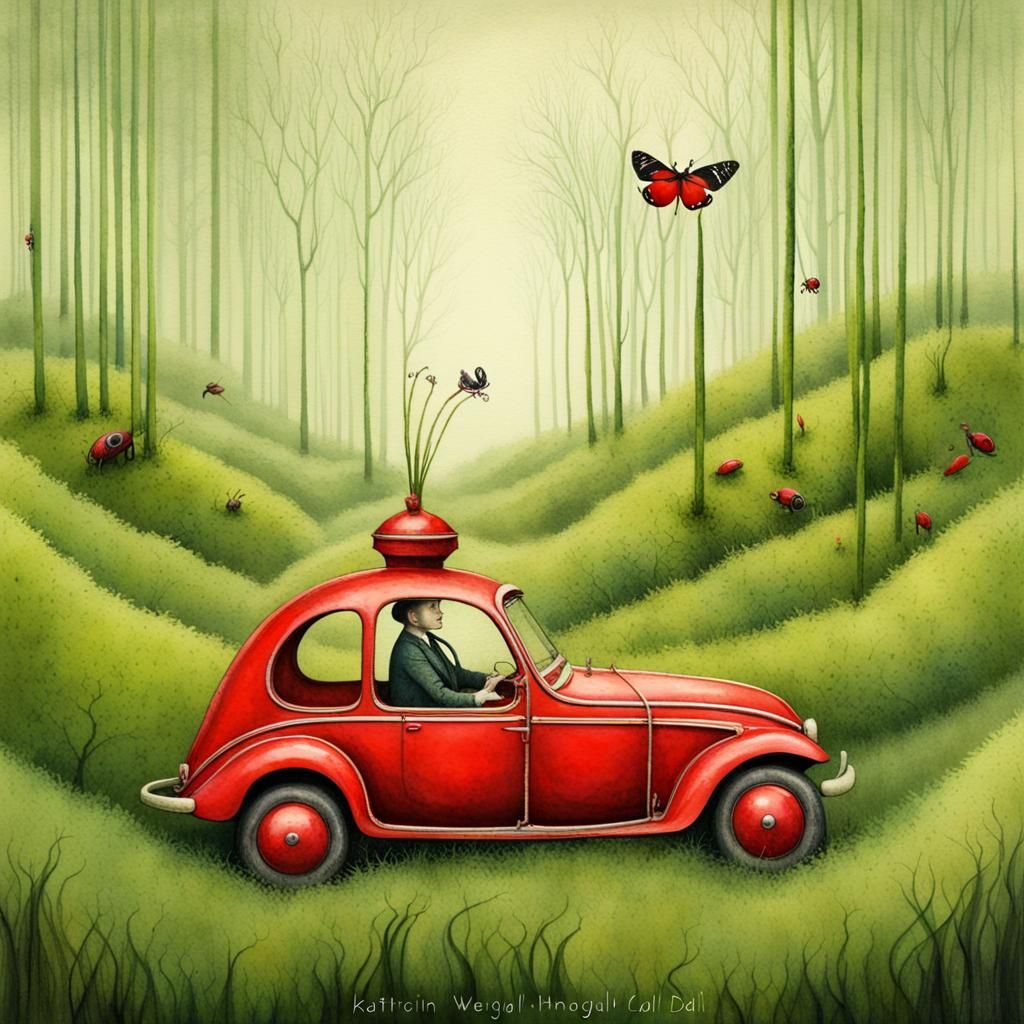Ladybug Driver in Surreal Watercolor Forest