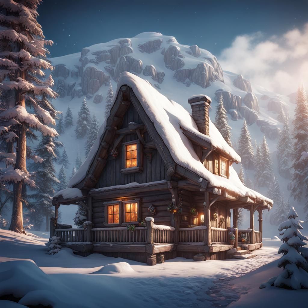 Cozy Winter Cabin in Detailed Matte Painting Style