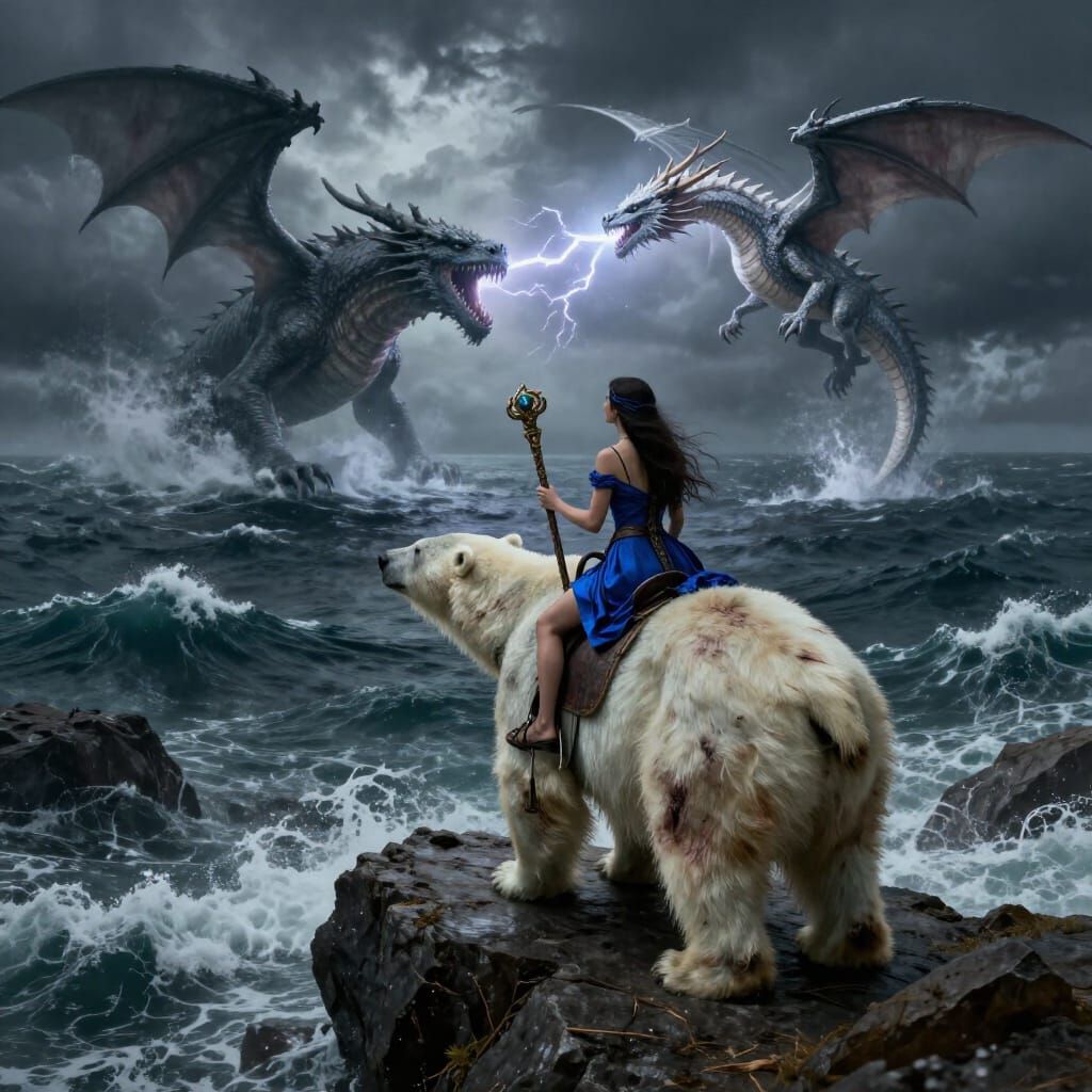 Sorceress Rides Polar Bear Against Dragons Over Stormy Sea
