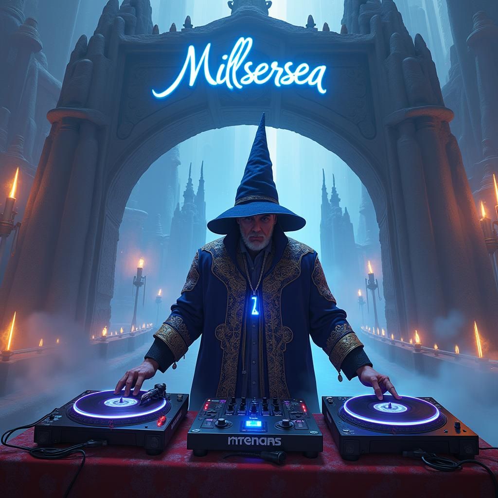 Wizard DJ in Futuristic Cityscape, Fantasy Concept Art