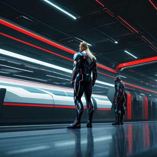 Thor in Futuristic Train Station, Hyper-Realistic Digital Ar...