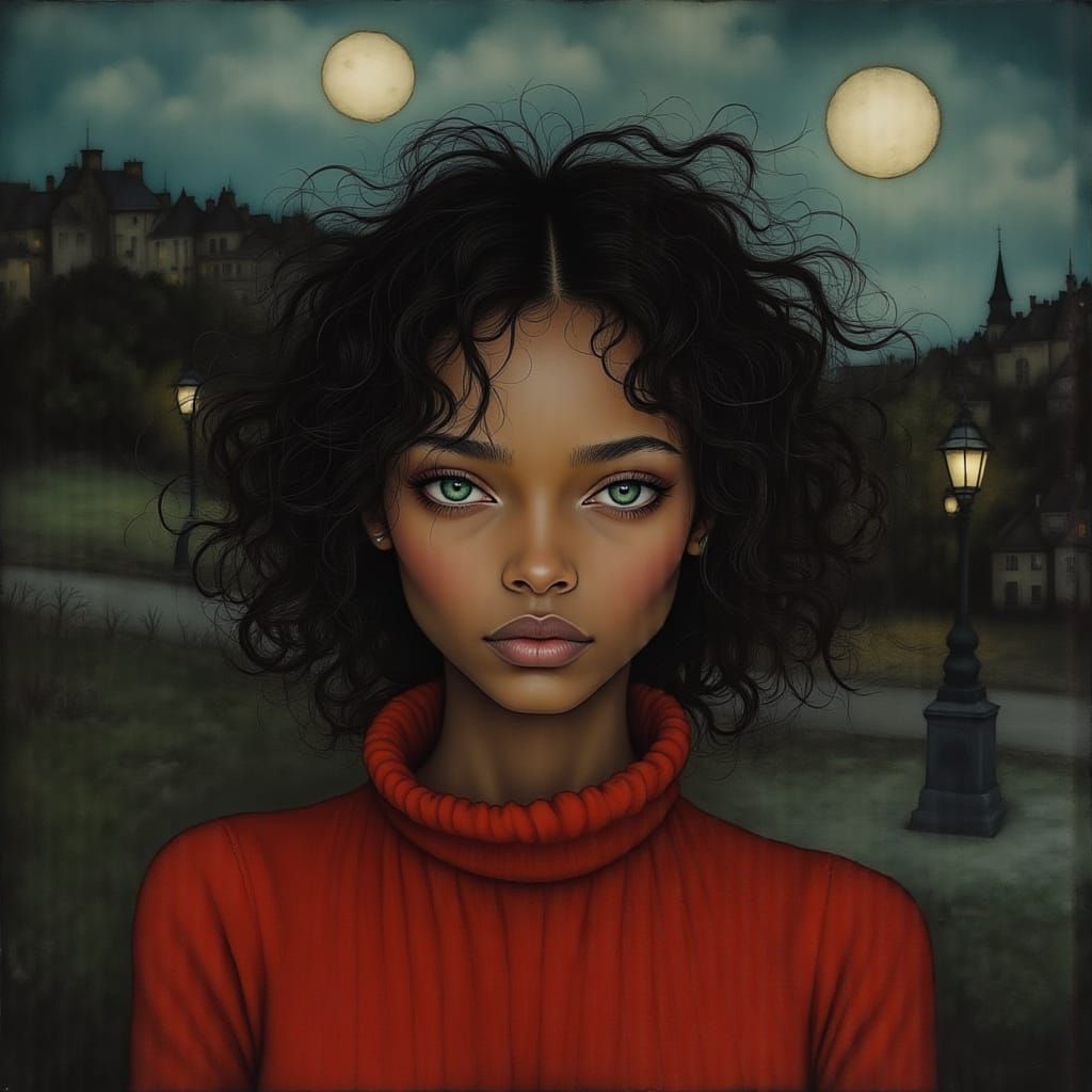 Woman in red turtleneck green  eyes curly  hair smiling