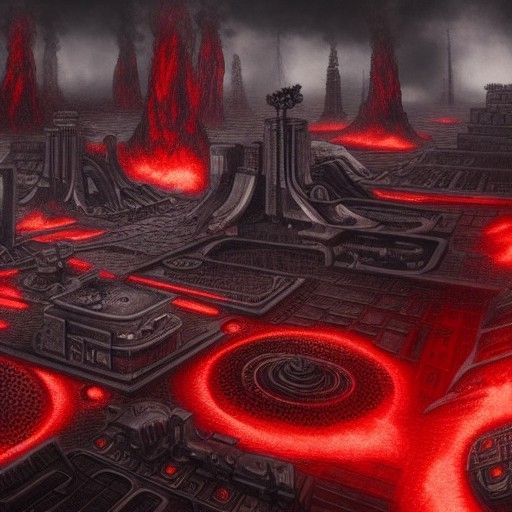 Hyperrealistic Steampunk City of Hell in Red and Black