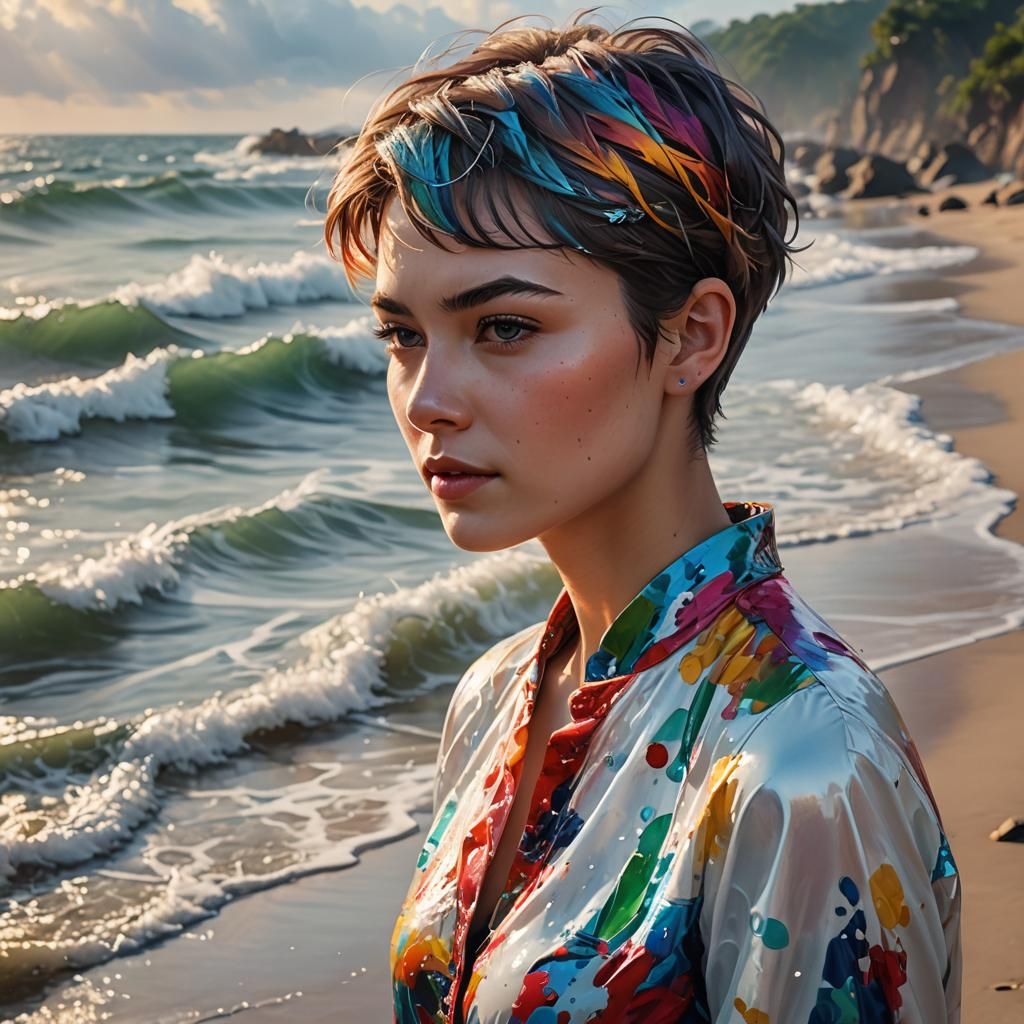 Russian Woman with Pixie Cut on Beach in Golden Hour