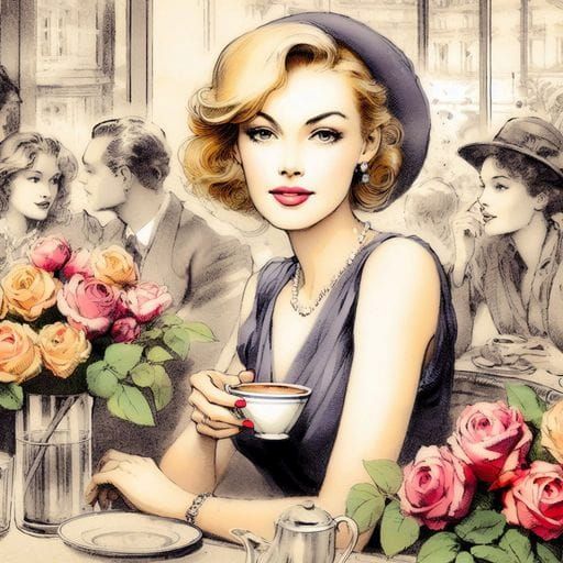 Elegant French Woman in 1930s Restaurant, Splash Art