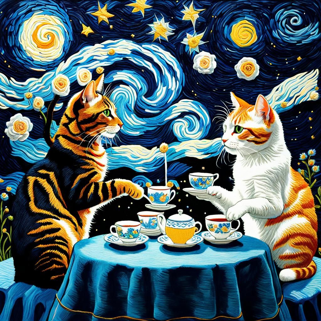 Embroidered Cats Admire Starry Night