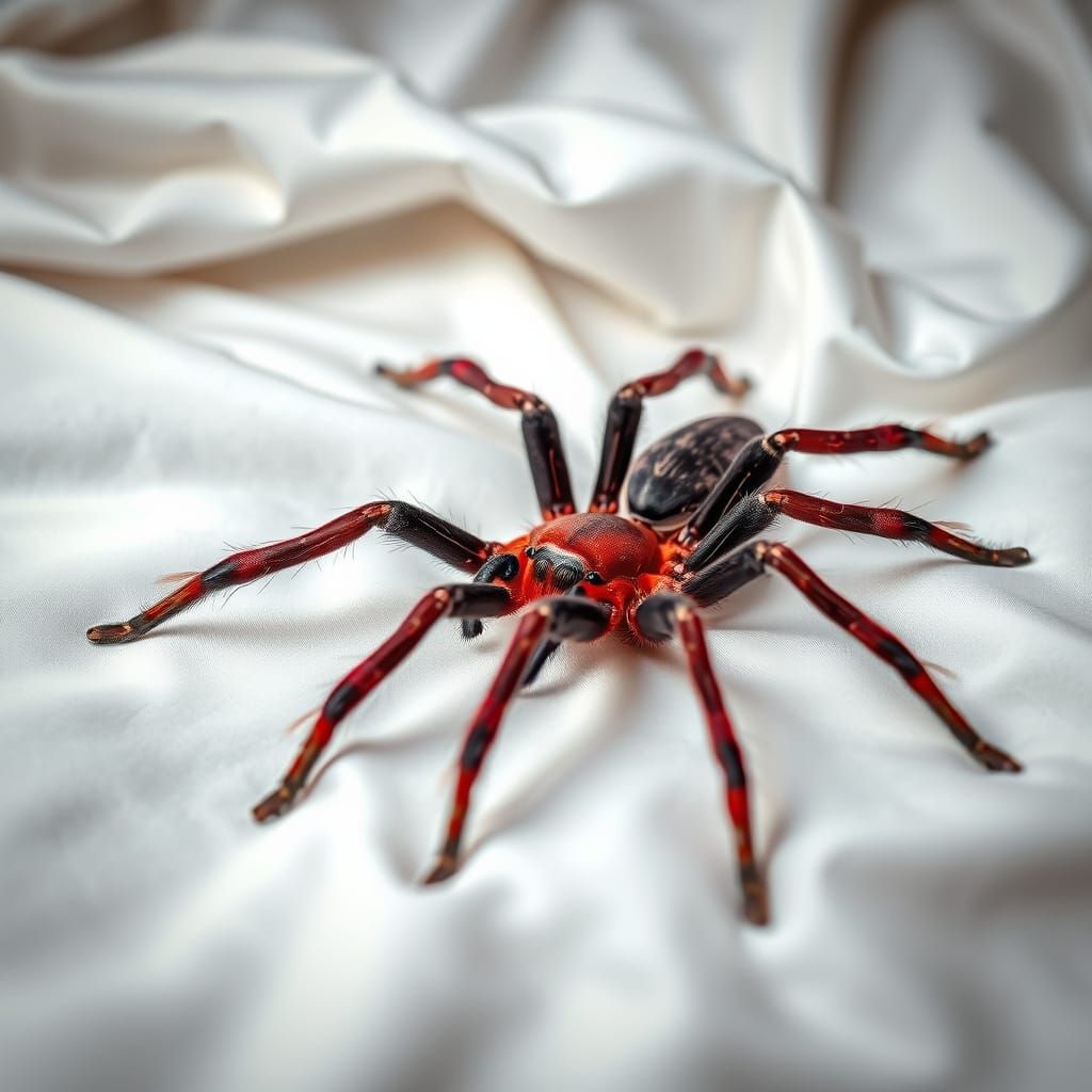Red Tarantula on White Satin in 4K Photo