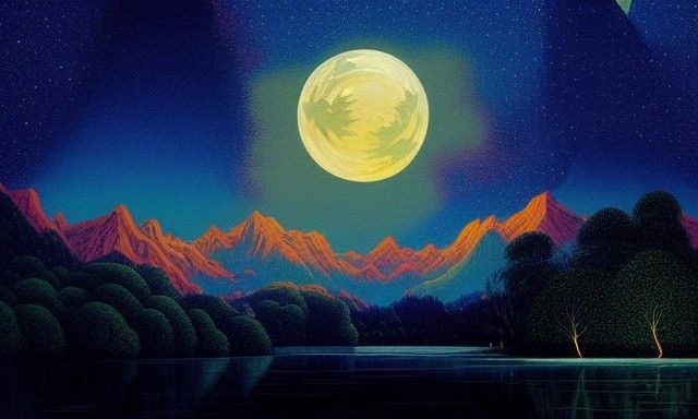 Mystical Autumn Night Landscape Under Harvest Moon
