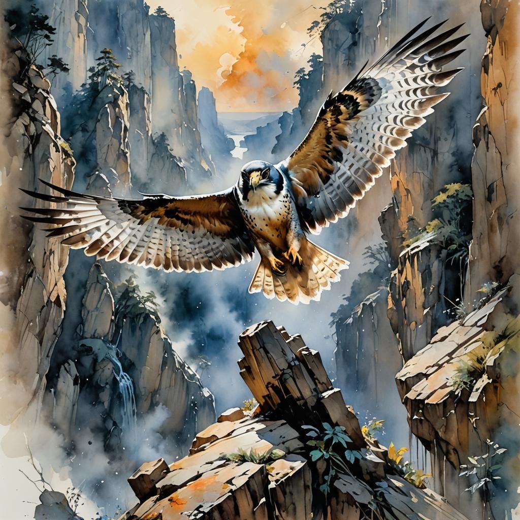 Falcon Spreading Wings: Watercolor Fantasy Art
