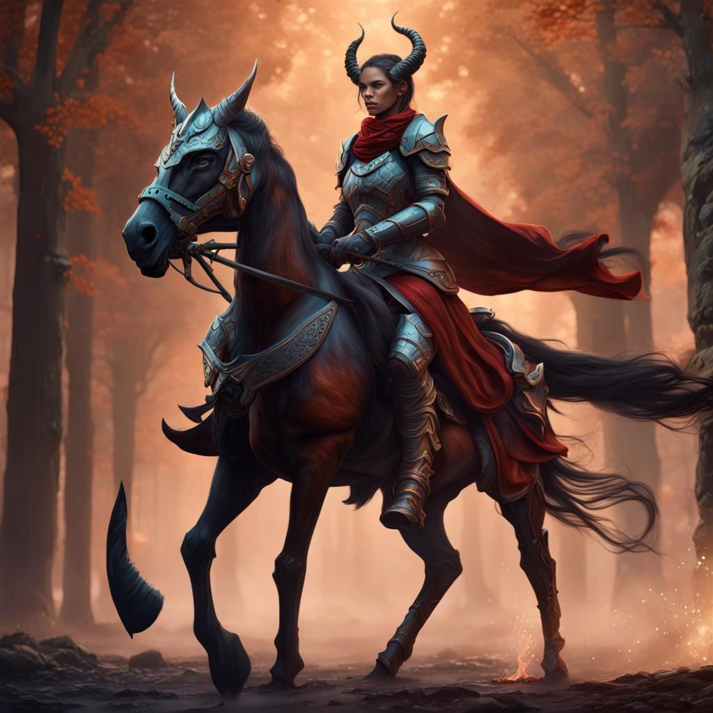 Tiefling Knight on Horseback, Fantasy Concept Art