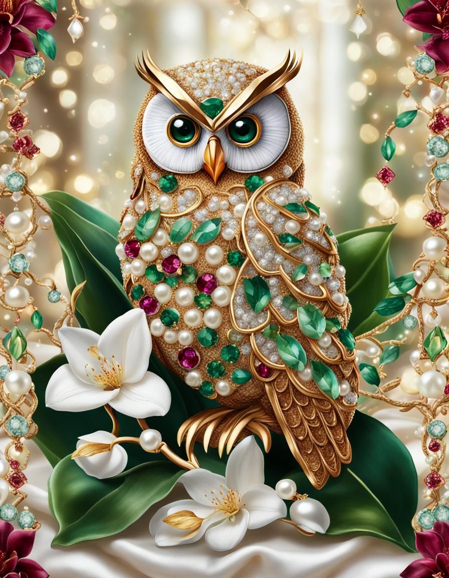 Jeweled Owl with Flowers on Silk Towel