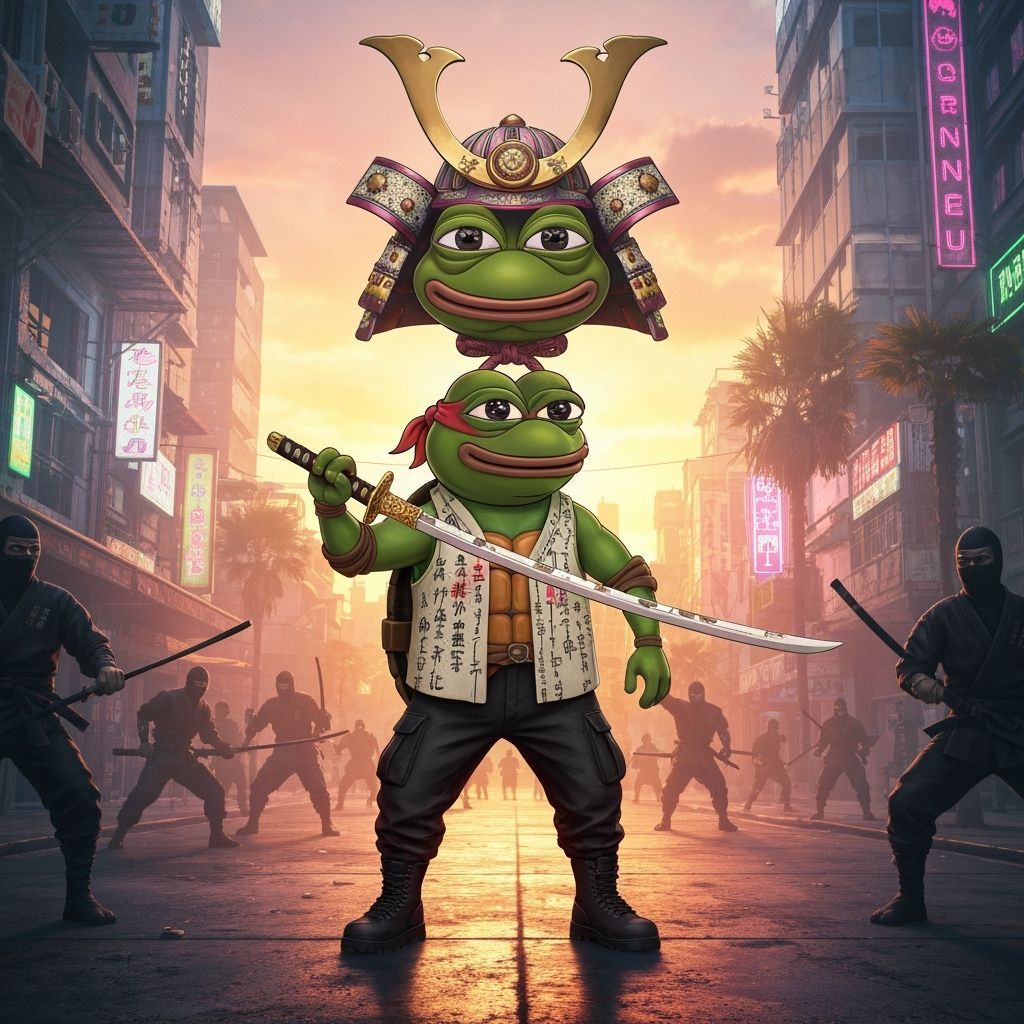 Pepe Raphael Ninja Turtle in Cyberpunk City
