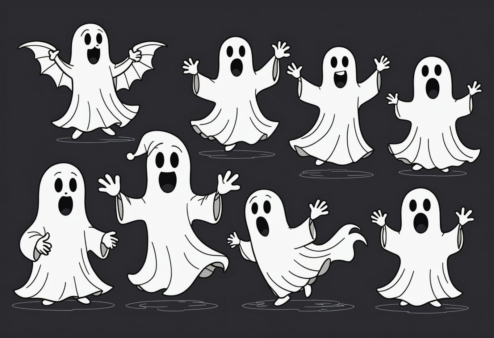 Cartoon Ghosts In Line Art Style Doing Activities