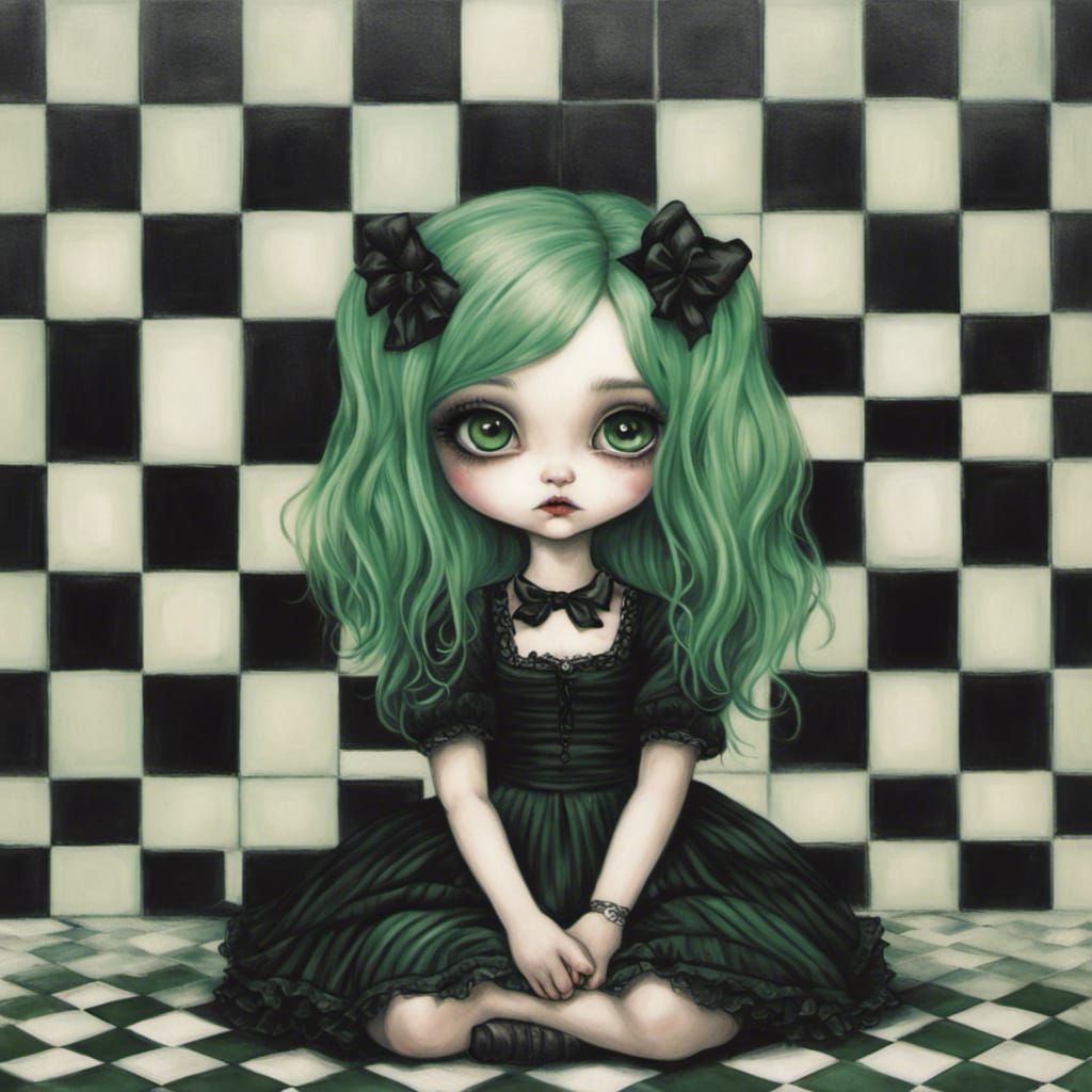 Goth Girl Portrait with Green Hair, Mark Ryden Style