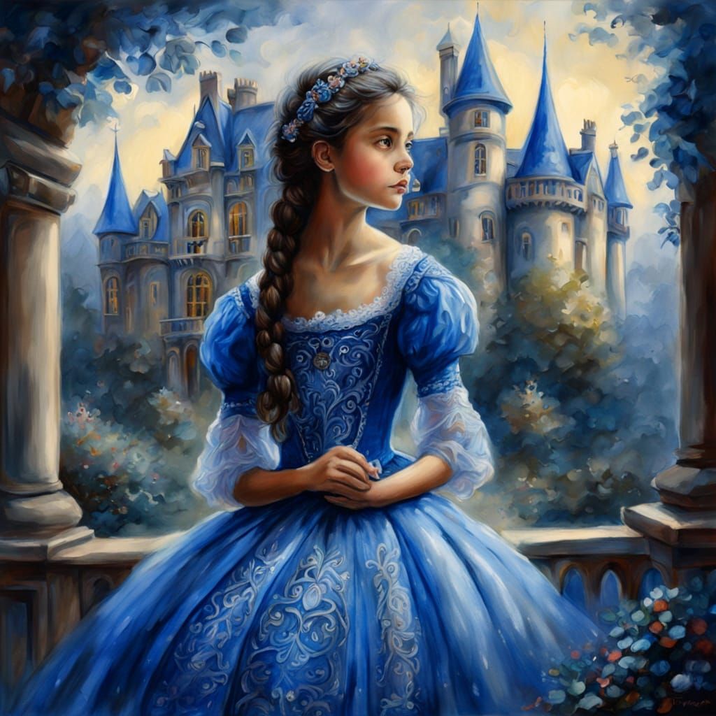Blue Princess and Castle: Impressionist Gouache Fantasy