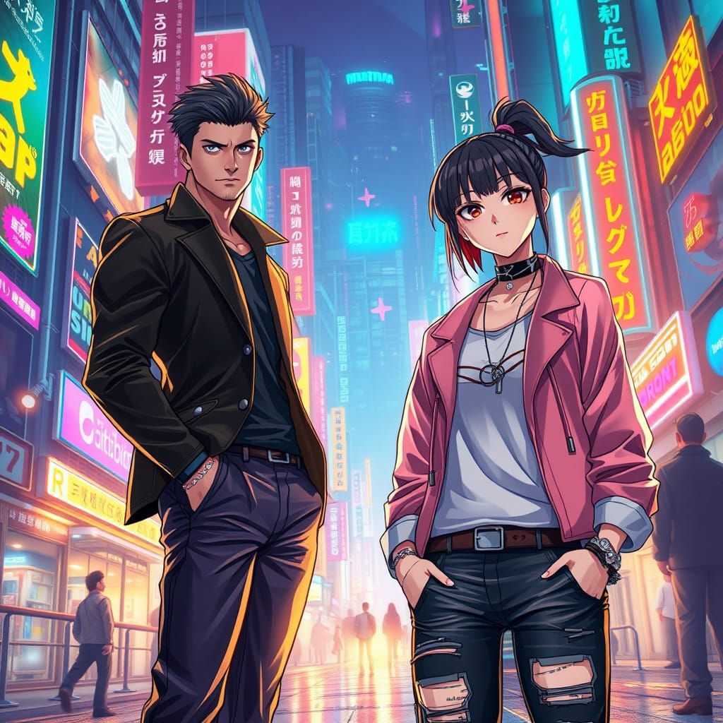 Dynamic Anime Poster in Vibrant Cyberpunk Style