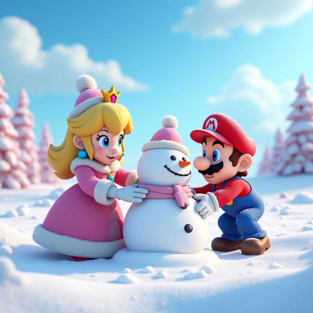 Princess Peach and Mario Build Snowman: 3D Digital Art