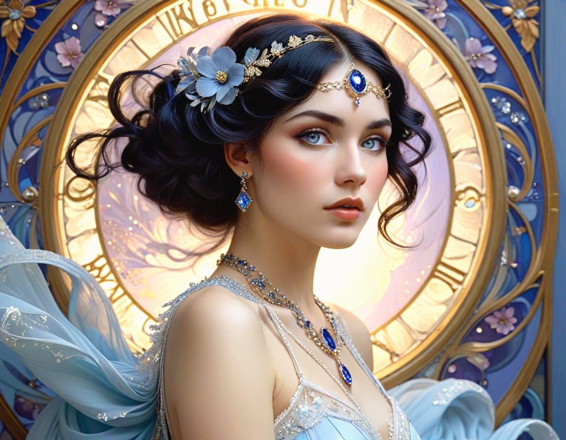 Elegant Art Nouveau Woman with Sapphires and Diamonds