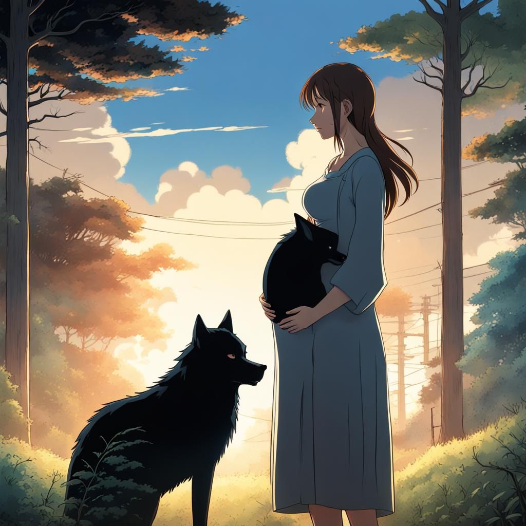 Anime Style: Pregnant Woman Protected by Black Wolf