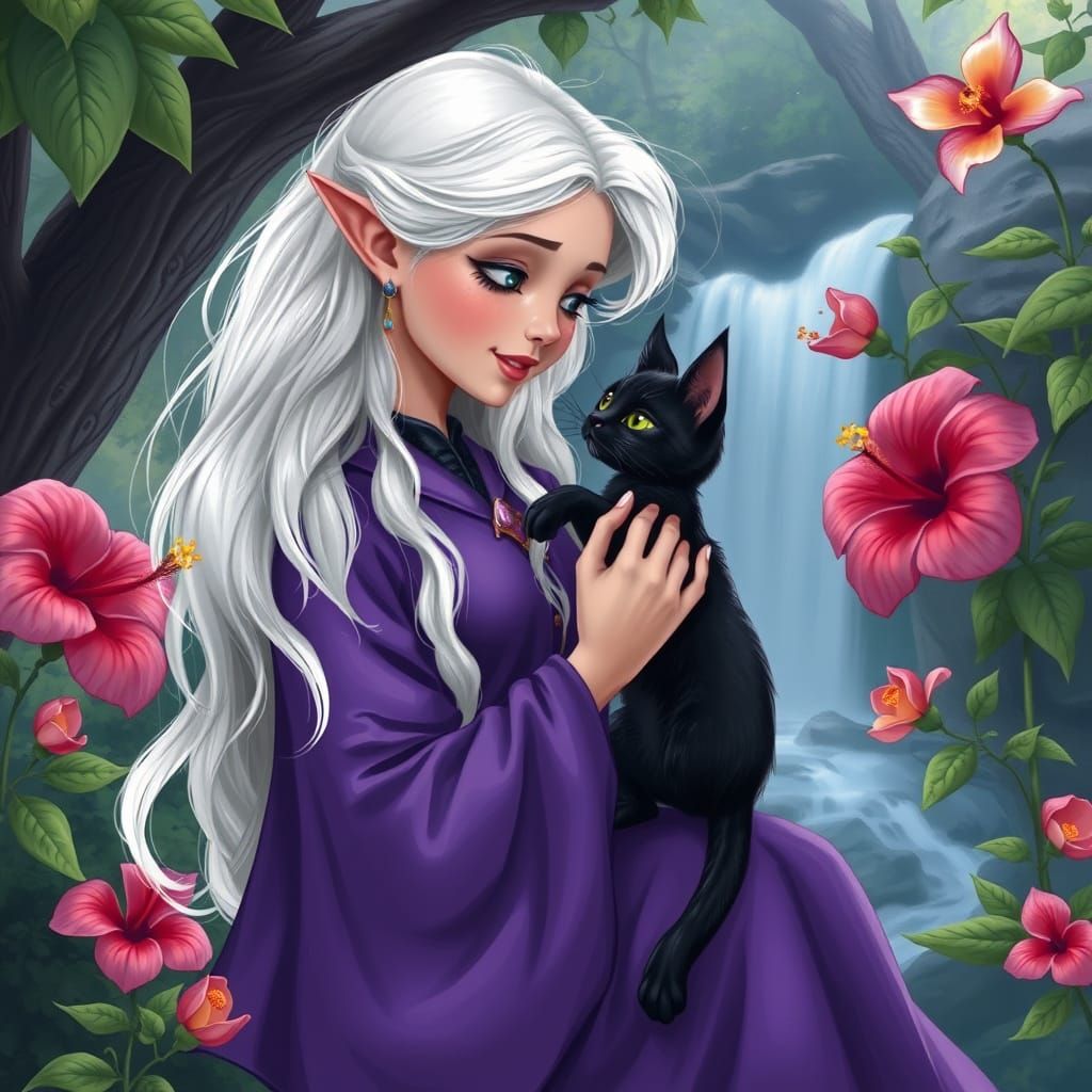 Enchanted Forest Fairy with Black Cat
