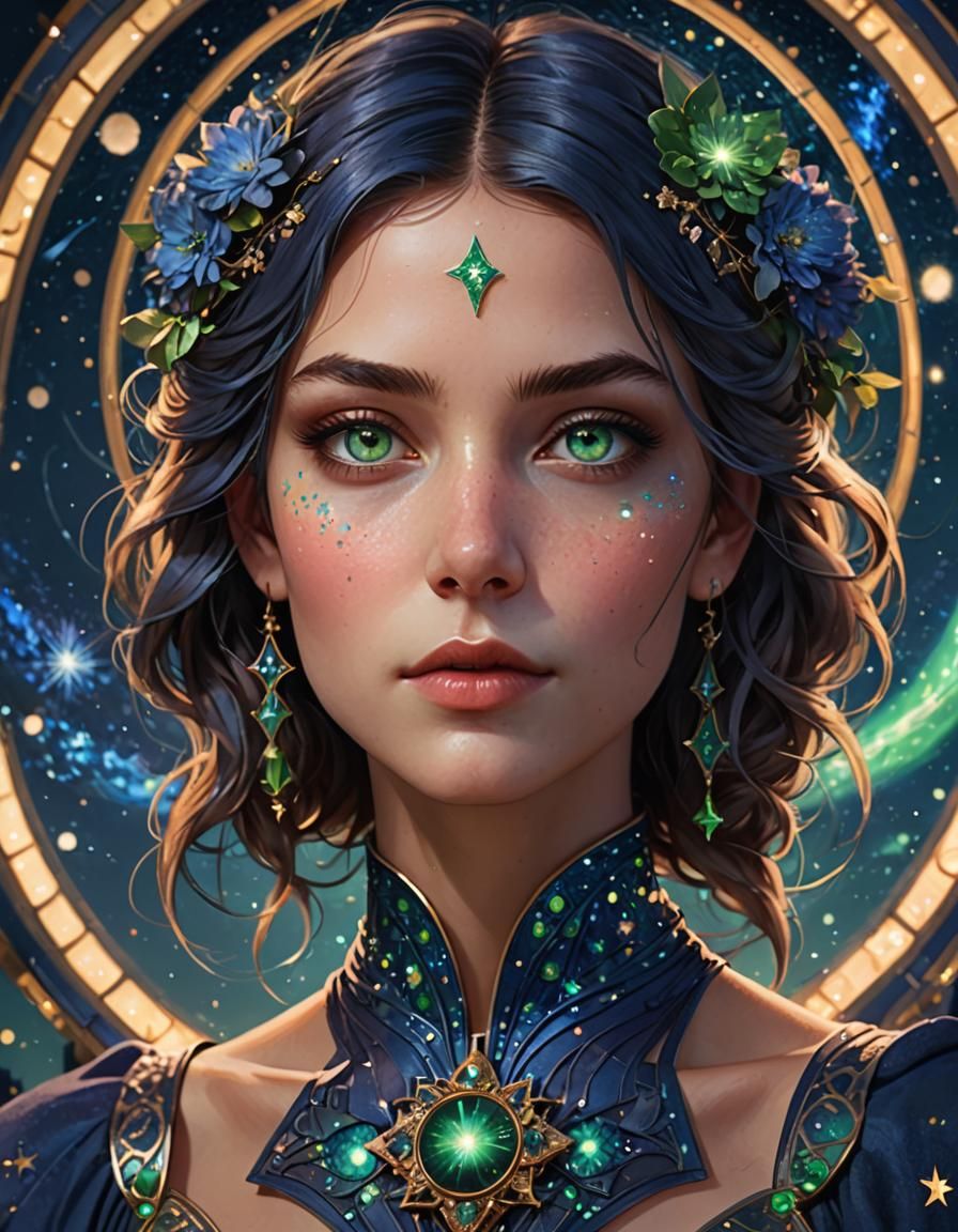Green Eyes in Starry Night: Hyperdetailed Portrait