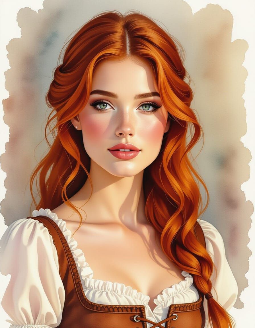 Redhead Woman in Dirndl: Photorealistic Watercolor Painting