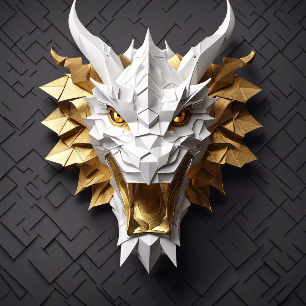 Origami White Chinese Dragon Head with Gold Details