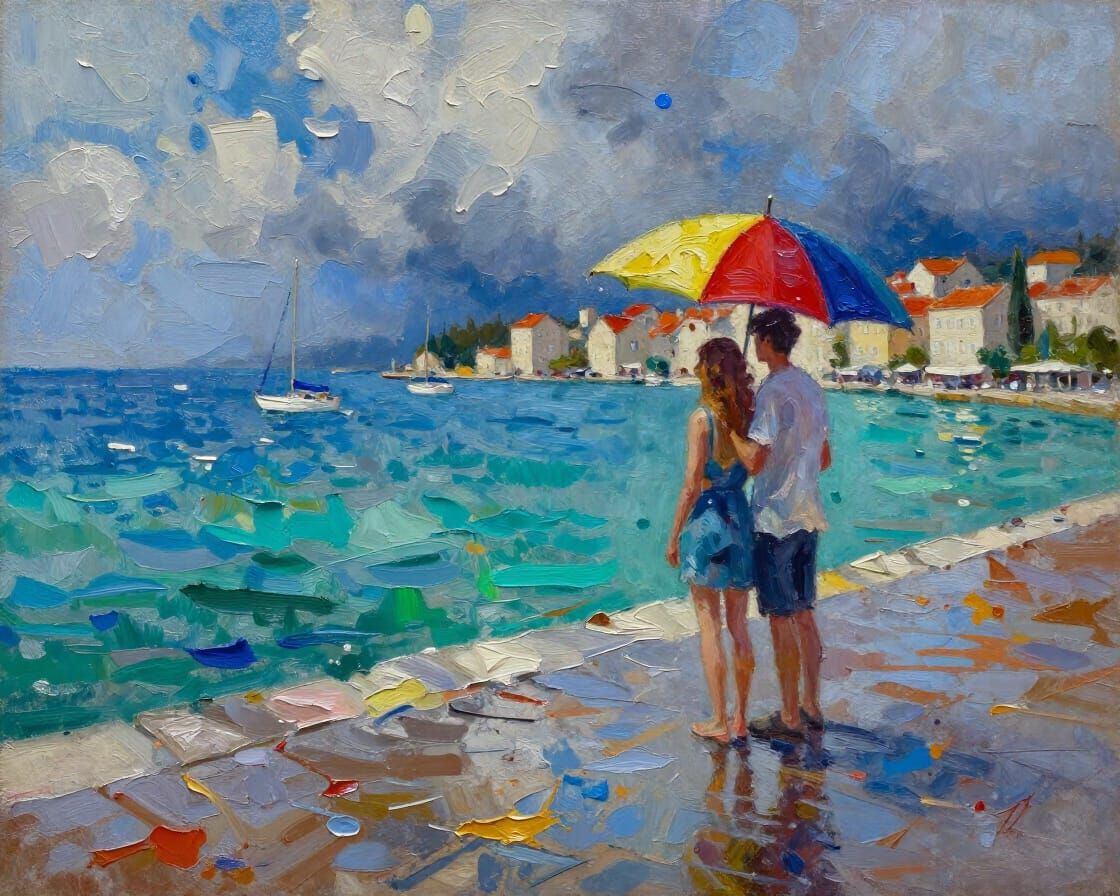 Couple Under Umbrella in Adriatic Town Impasto Painting