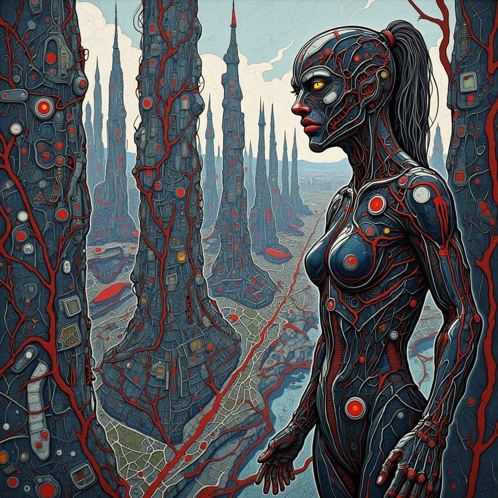 Futuristic Woman Overlooking Neon Metropolis in Sci-Fi Style