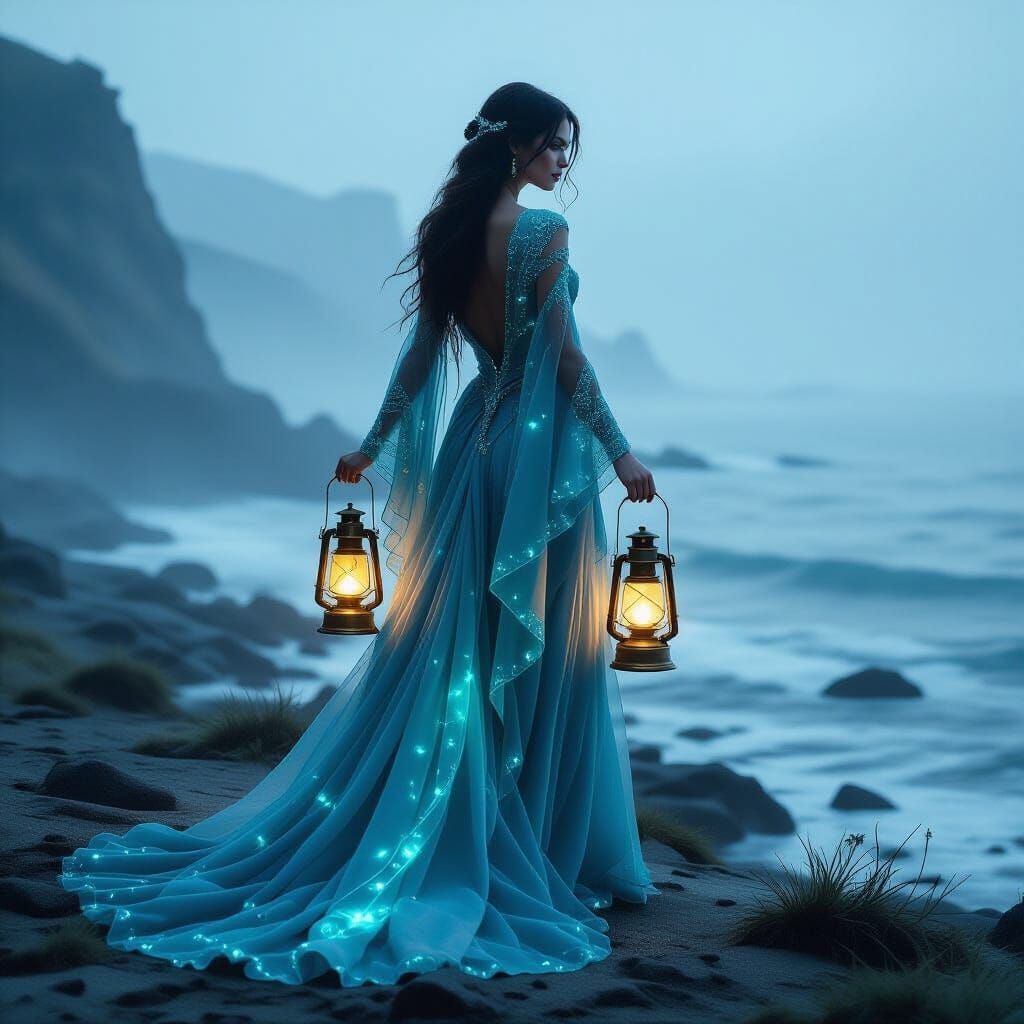Supermodel in Bioluminescent Gown on Misty Coast with Lanter...