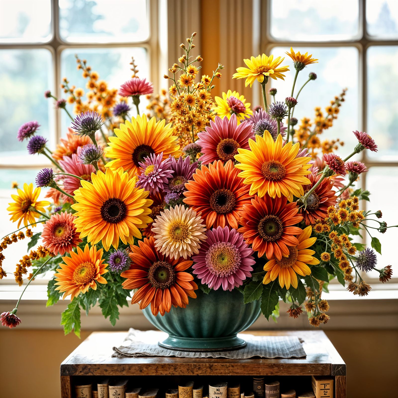 Vibrant Fall Flower Arrangement in Ceramic Bowl