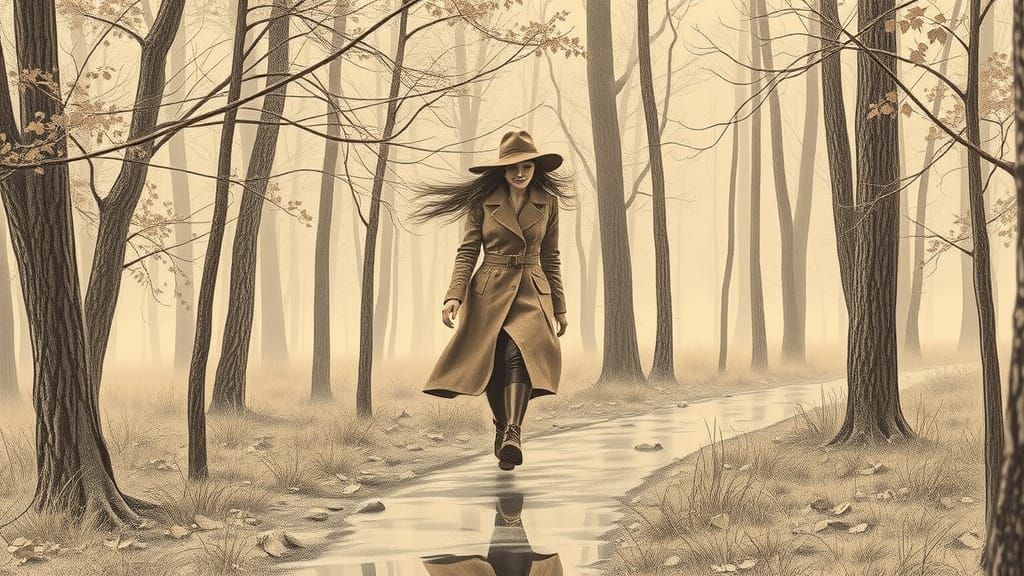 Woman in Forest: Sepia Pencil Sketch in Art Style