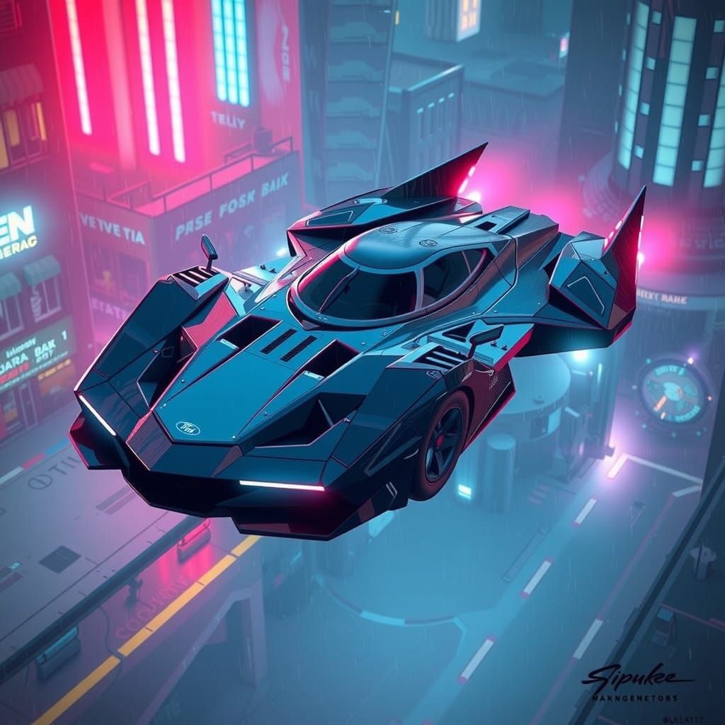 Cyberpunk Futuristic Winged Spaceship in Neon Cityscape