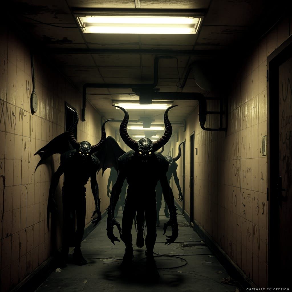 Eerie Backrooms Scene with Lurking Demons