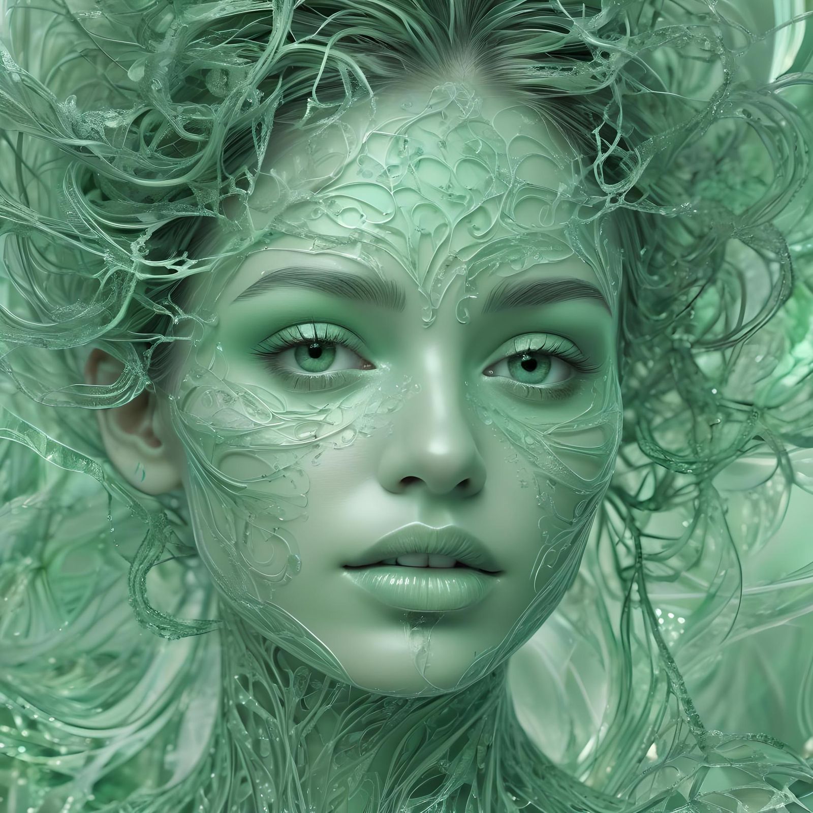 Abstract Green Woman Portrait in Fractal Style
