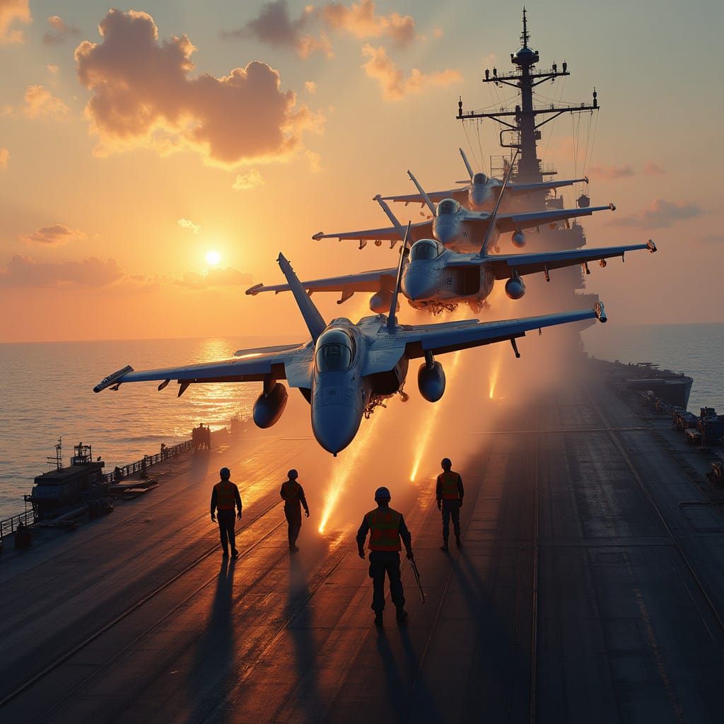 Fighter Jets Land on Aircraft Carrier in Sunset Glow