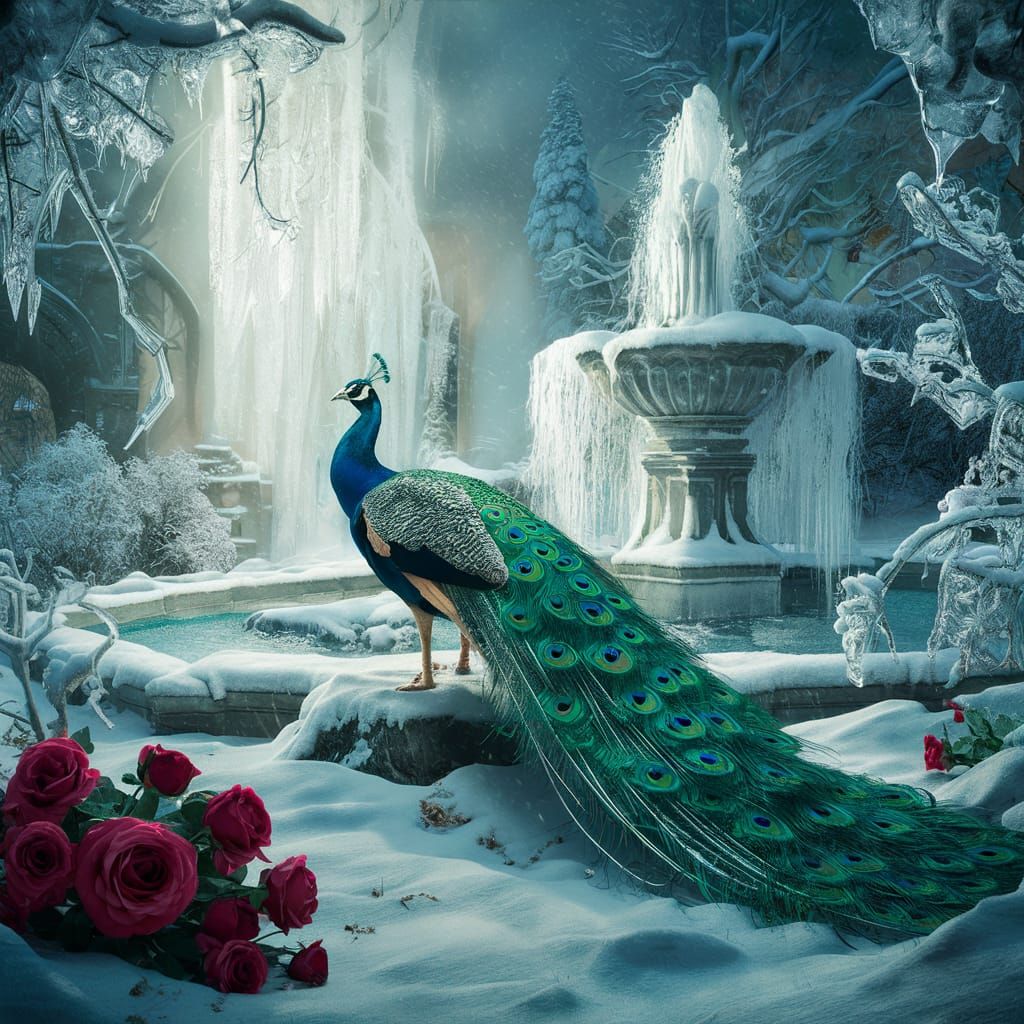 Winter Peacock with Roses and Frozen Fountain