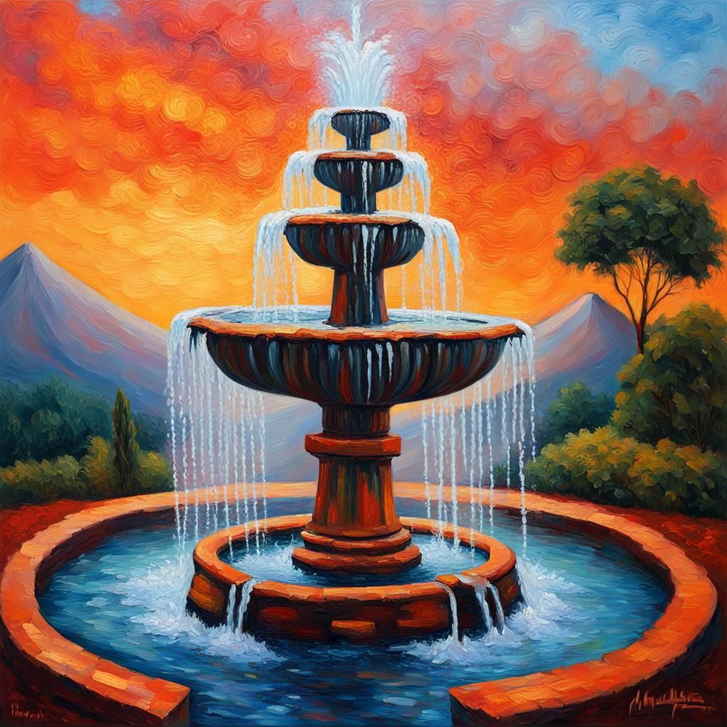 Volcano Fountain: Expressionist Impasto Oil Painting