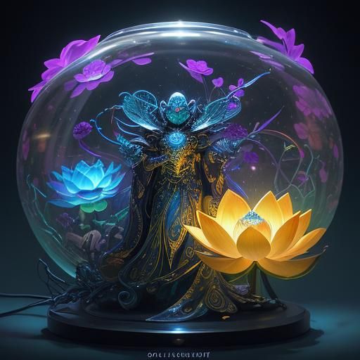 Retro-Futuristic Neon Lotus Lamp in Digital Art Style