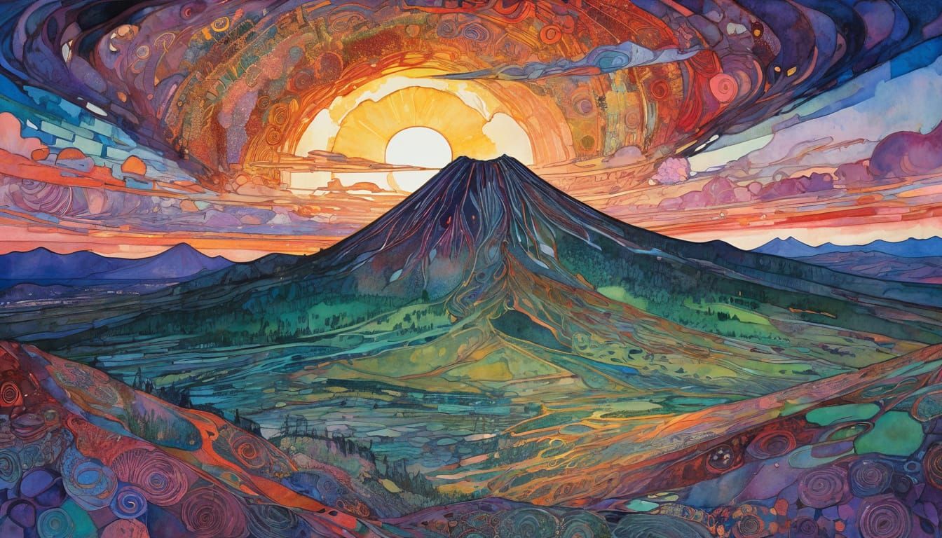 Paricutin Volcano Sunset in Klimt-inspired Style