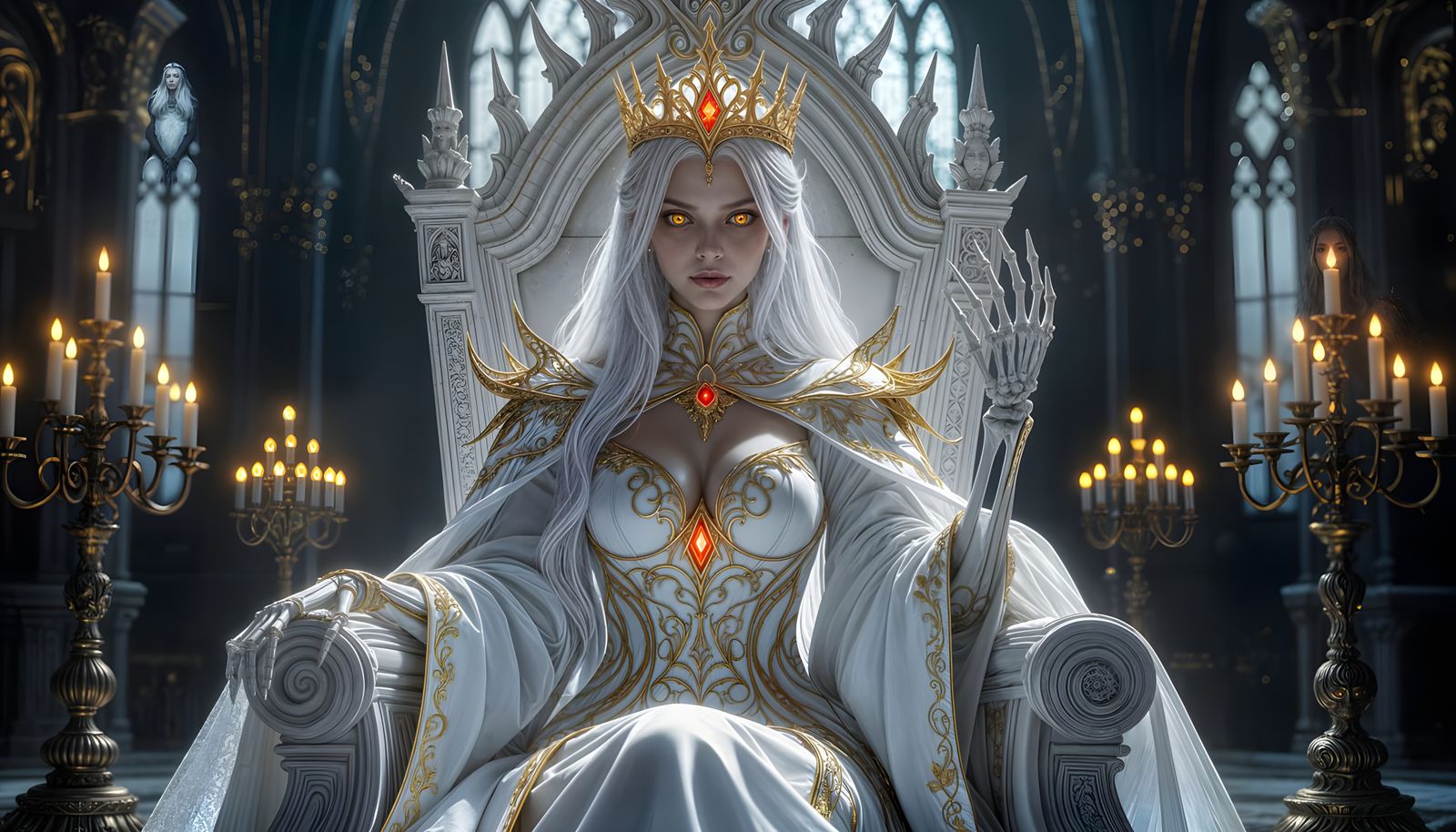 Necromancer Queen on Ornate Throne in Gothic Temple