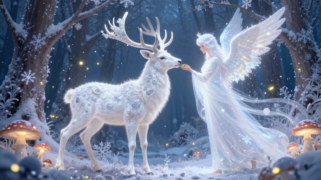 Angel Feeds Shimmering Snowflake Stag in Fantasy Forest